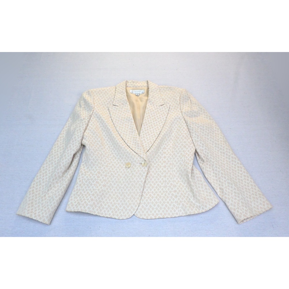 Tahari Arthur S. Levine Vintage 90s Womens 14 Jacquard Blazer Cream Peak Lapel